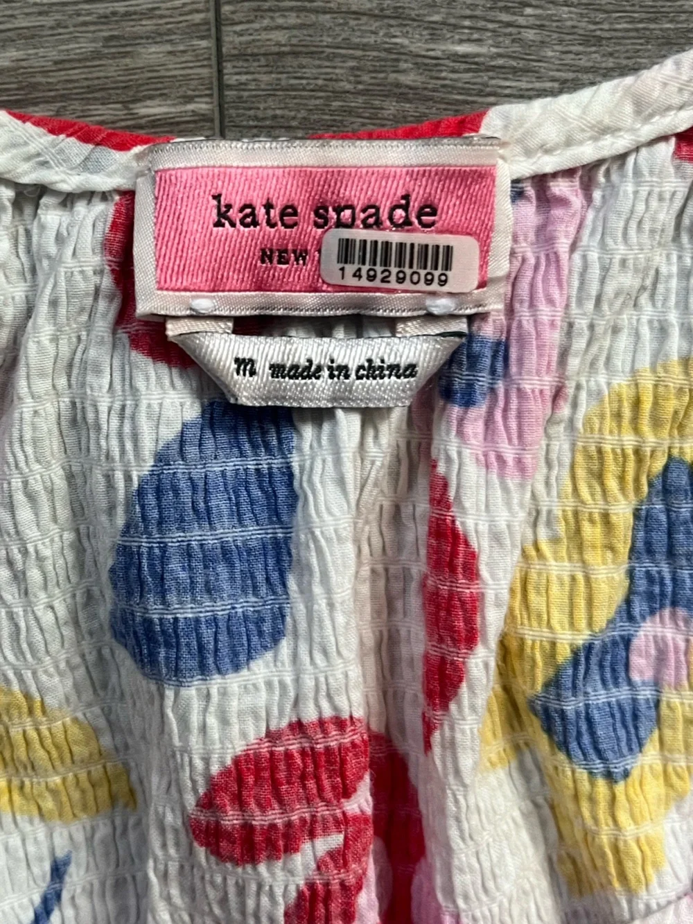 Kate Spade White Blue Floral Smocked Scoop Neck Puff Sleeve Cotton Blouse Size M